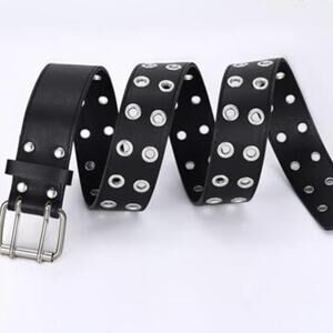Double Grommet Punk Belt Black Vegan Leather Studded Belt for Women Men Jeans